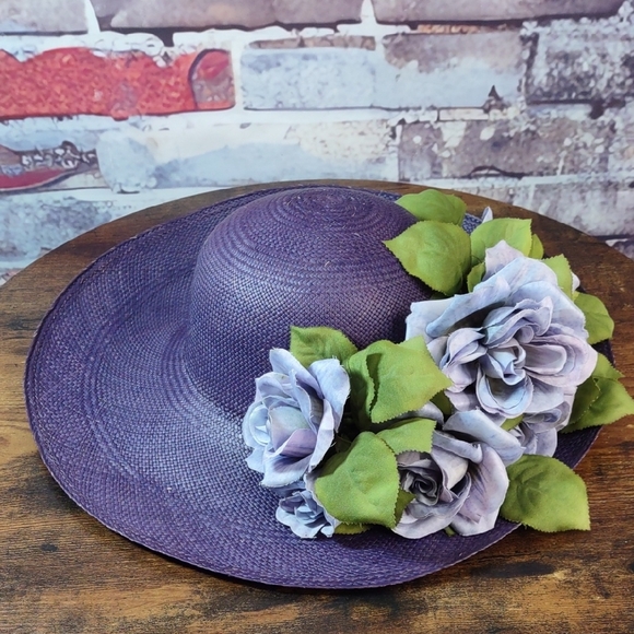 Elegant Purple Straw Hat w/ Floral Accents